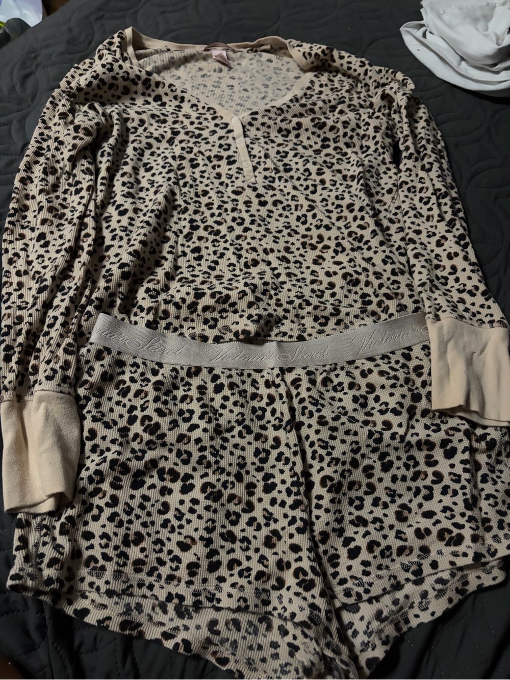 Victoria's Secret Beige and Black Leopard Ribbed Long-Sleeve Pajama Set